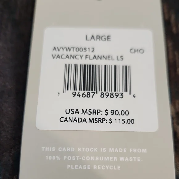 RVCA Flannel SZ Mens LG NWT - Picture 2 of 8